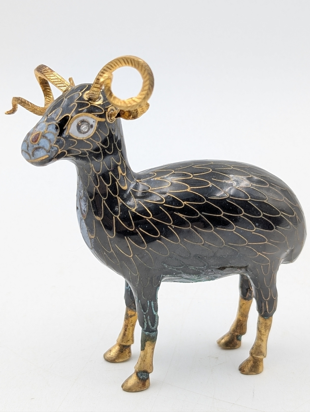 Vintage Chinese Cloisonné Enamel Ram Figurine Black Gold Brass Zodiac 4"